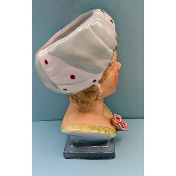 Lady Head vase Ucagco Ceramics Hand Painted Turban Rose Stamped Japan Blue Green - Picture 4 of 8